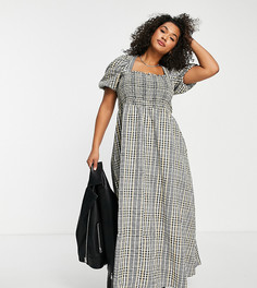 Платье макси в клетку с присборенным лифом и пышными рукавами ASOS DESIGN Curve-Разноцветный
