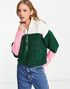Вязаный кардиган из букле в стиле колор блок на молнии Topshop-Разноцветный