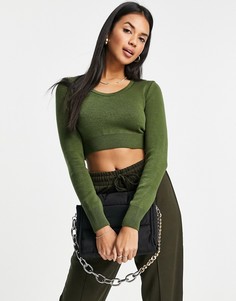 Оливковый трикотажный кроп-топ с овальным вырезом Topshop-Зеленый цвет
