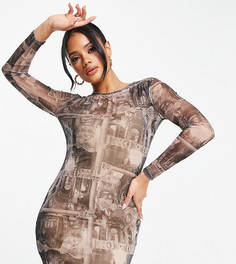 Коричневое сетчатое платье мини с графическим принтом Missguided-Коричневый цвет