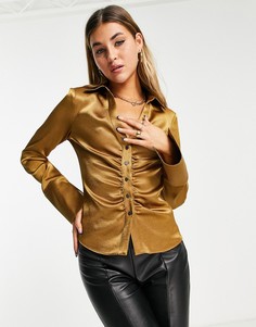 Присборенная атласная рубашка шоколадного цвета с застежкой на кнопках Topshop-Коричневый цвет