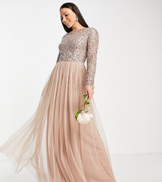 Платье макси приглушенного розового цвета из тюля с длинными рукавами и пайетками в тон ткани Maya Tall Bridesmaid-Светло-бежевый цвет