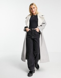 Серое пальто с поясом и воротником «борг» ASOS DESIGN-Серый