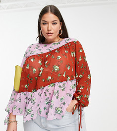 Свободный топ с завязками, комбинированным принтом и длинными рукавами ASOS DESIGN Curve-Разноцветный