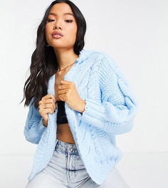 Голубой вязаный кардиган с узором «косичка» и капюшоном River Island Petite
