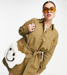 Платье-рубашка с поясом и заниженной линией плеч ASOS DESIGN Curve-Зеленый цвет