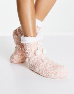 Розовые меланжевые носки-слиперы вязкой косами с подкладкой из искусственного меха Loungeable-Розовый цвет