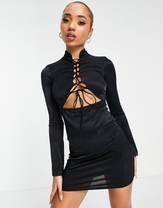Черное платье мини с длинными рукавами и шнуровкой спереди ASOS DESIGN-Черный цвет