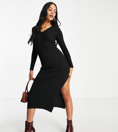 Трикотажное платье черного цвета в рубчик с V-образным вырезом ASOS DESIGN Tall-Черный цвет