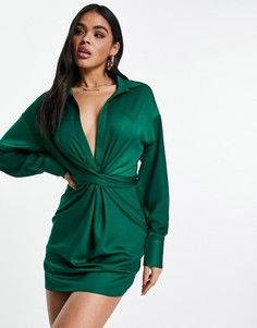 Изумрудно-зеленое платье-рубашка с узлом спереди In The Style x Syd & Ell-Голубой
