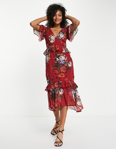 Чайное платье миди с расклешенными рукавами и комбинированным цветочным принтом Hope & Ivy-Разноцветный
