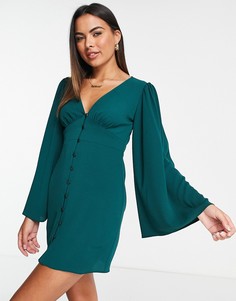 Зеленое платье мини на пуговицах с рукавами в стиле 70-х ASOS DESIGN-Зеленый цвет