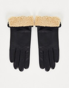 Кожаные перчатки для сенсорных экранов с отворотами из искусственного меха ASOS DESIGN-Черный цвет
