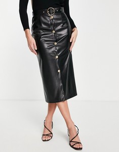 Черная юбка миди из искусственной кожи на пуговицах спереди ASOS DESIGN-Черный цвет