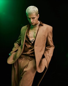 Коричневый приталенный пиджак из твила с поясом и без воротника ASOS DESIGN-Коричневый цвет