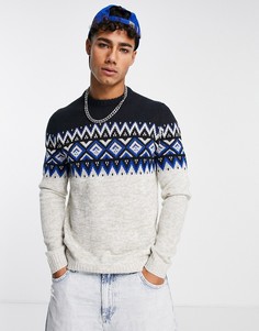 Темно-синий джемпер с круглым вырезом и узором Фэйр-Айл на груди Only & Sons