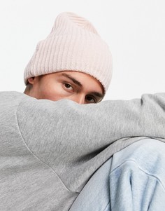 Светло-розовая шапка-бини в рубчик с широким отворотом ASOS DESIGN-Розовый цвет