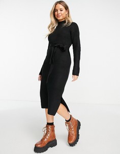 Черное трикотажное платье с поясом и отворачивающимся воротником New Look-Черный цвет