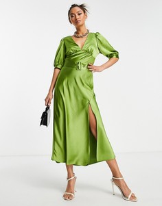 Атласное чайное платье миди зеленого цвета с поясом ASOS DESIGN-Зеленый цвет