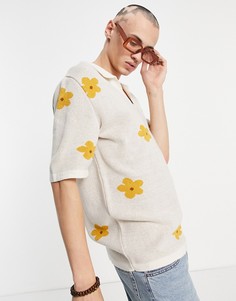 Бежевое трикотажное поло с отложным воротником и цветочным принтом ASOS DESIGN-Светло-бежевый цвет
