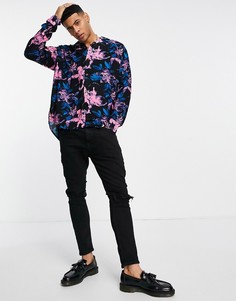 Розовая oversized-рубашка с темным цветочным принтом и отложным воротником Only & Sons-Розовый цвет