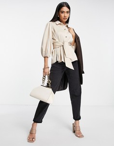 Бежевая атласная рубашка с завязкой на талии River Island-Светло-бежевый цвет