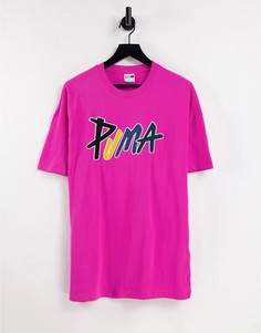 Розовая футболка свободного кроя с разноцветным логотипом Puma-Розовый цвет