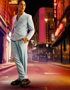 Голубой укороченный пиджак узкого кроя с ремнем ASOS DESIGN