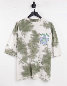 Oversized-футболка цвета хаки с принтом тай-дай и цветочной вышивкой на груди ASOS DESIGN-Разноцветный
