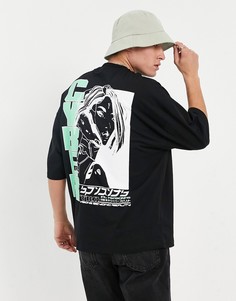 Черная oversized-футболка с принтом аниме на спине ASOS DESIGN-Черный цвет