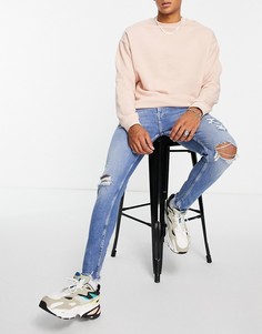 Темно-синие супероблегающие джинсы со рваной отделкой Bershka-Голубой