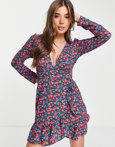 Черное платье мини на запахе с цветочным принтом ASOS DESIGN-Разноцветный