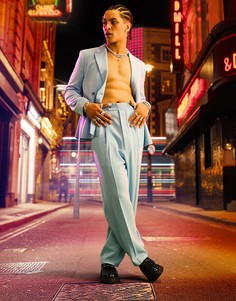 Голубые брюки с широкими штанинами из жатого материала ASOS DESIGN-Голубой