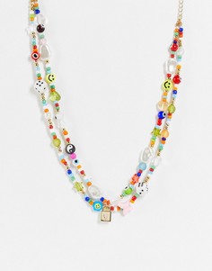 Ожерелье в несколько рядов из разноцветных бусин и искусственного жемчуга Pieces-Разноцветный