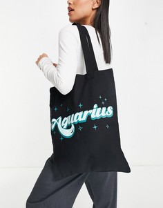 Черная хлопковая сумка-шопер с надписью "Aquarius" и принтом звезд ASOS DESIGN-Черный цвет