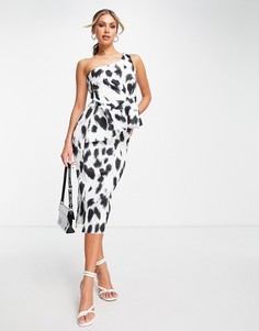 Платье-футляр миди на одно плечо с принтом и частичной баской ASOS DESIGN-Разноцветный