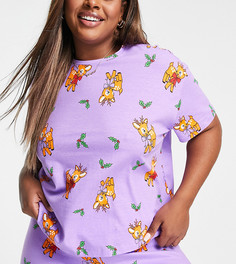 Новогодняя пижама фиолетового цвета с футболкой и леггинсами с принтом оленей ASOS DESIGN Curve-Фиолетовый цвет