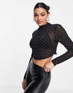 Черный сетчатый кроп-топ с высоким воротом и стразами ASOS DESIGN-Черный цвет