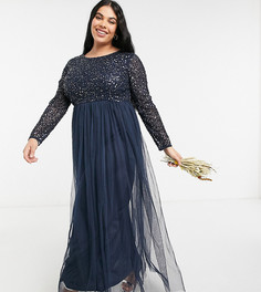 Темно-синее платье макси из тюля с длинными рукавами и пайетками в тон Maya Plus Bridesmaid-Темно-синий