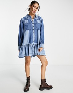 Синее джинсовое платье мини в стиле пэчворк Free People Sun Burst-Голубой