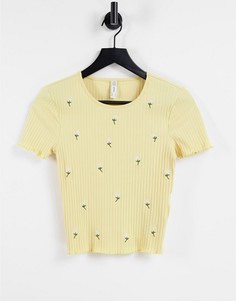 Укороченная футболка в рубчик из органического хлопка с цветочной вышивкой Only-Желтый