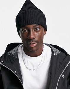 Черная шапка-бини в рубчик с широким отворотом ASOS DESIGN-Черный цвет