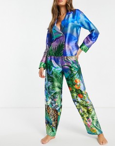 Атласный пижамный премиум-комплект из двубортной рубашки и брюк с растительным принтом и тигром ASOS DESIGN-Разноцветный