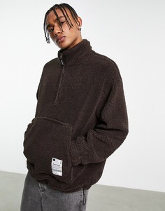 Плюшевый oversized-джемпер коричневого цвета с короткой молнией Bershka-Коричневый цвет