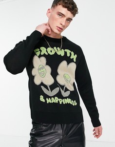 Черный вязаный джемпер с принтом цветов Bershka-Черный цвет