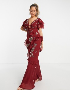 Бордовое платье макси с короткими рукавами, оборками и декором ASOS DESIGN-Красный
