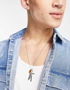 Серебристая цепочка с подвесками в виде пера и крестика Topman-Серебряный