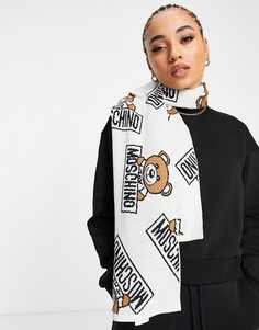 Белый шарф с принтом плюшевых мишек и логотипом Moschino