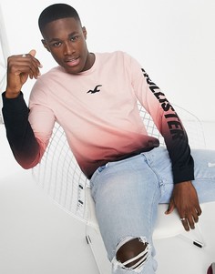 Розовый лонгслив с логотипом по центру и на рукаве Hollister-Розовый цвет