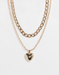 Золотистое ожерелье из нескольких цепочек с массивными звеньями и подвеской в виде сердца Topshop-Золотистый